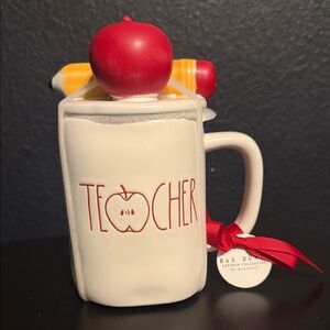 Rae Dunn White Ceramic Teacher Mug with Red Apple & Yellow Pencil